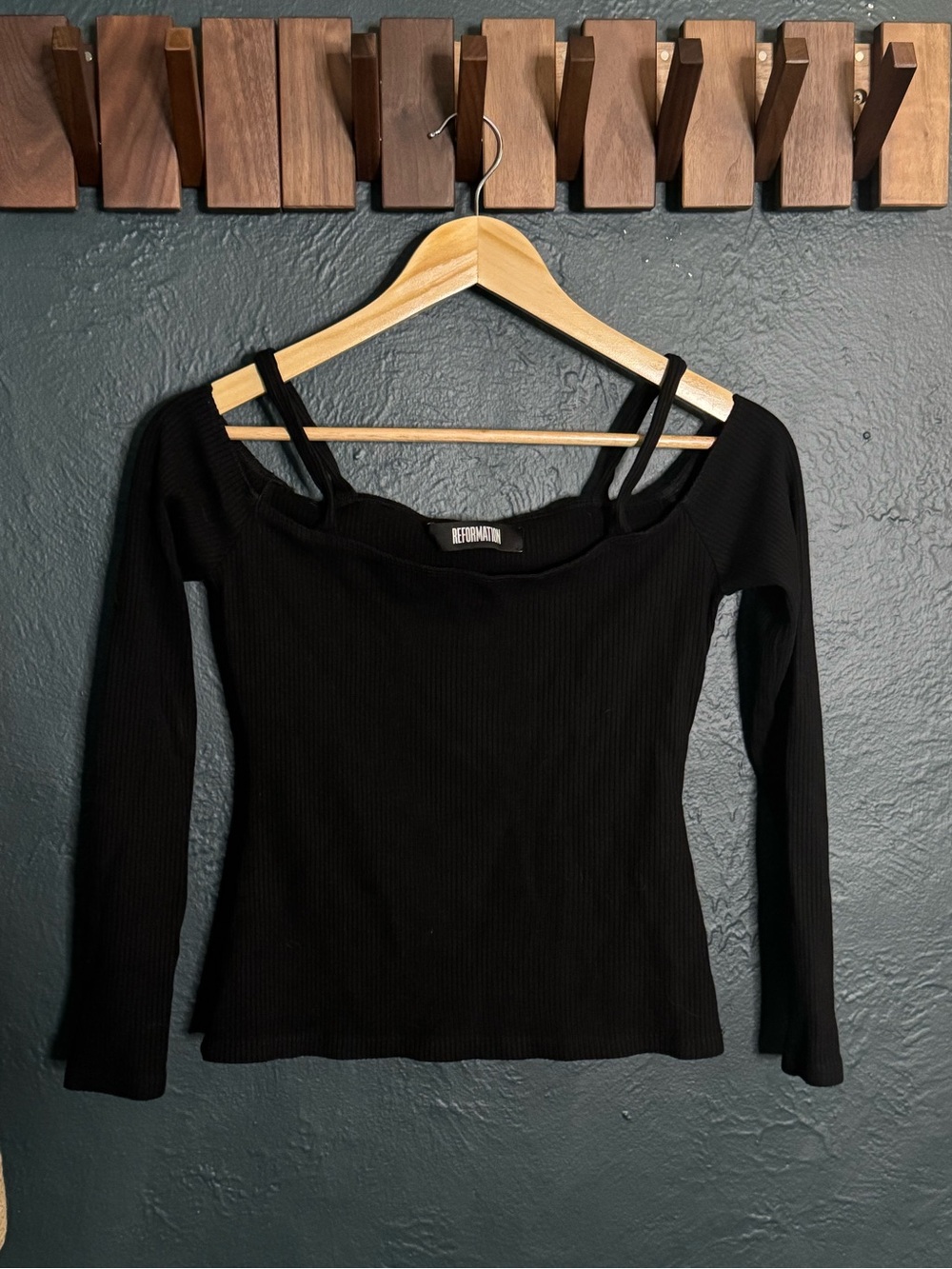 Reformation Black Ribbed Off-Shoulder Long Sleeve Top